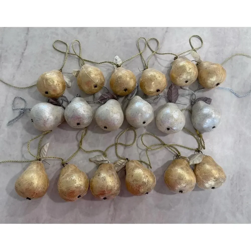 Pear Faux Fruit Garland, Silver & Gold, Christmas, 68in Long, 3 Strands